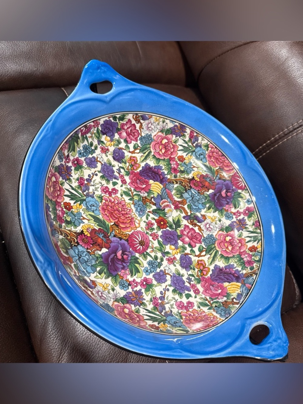 Bright Blue Floral Serving Platter Crown Ducal England